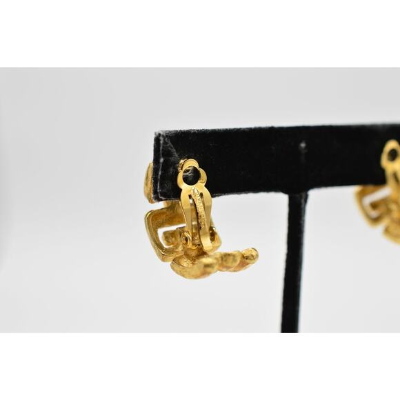 Givenchy Vintage Logo Clip On Earrings GG Brushed Gold Hoop 80s Signed AS IS 9D - Picture 8 of 10